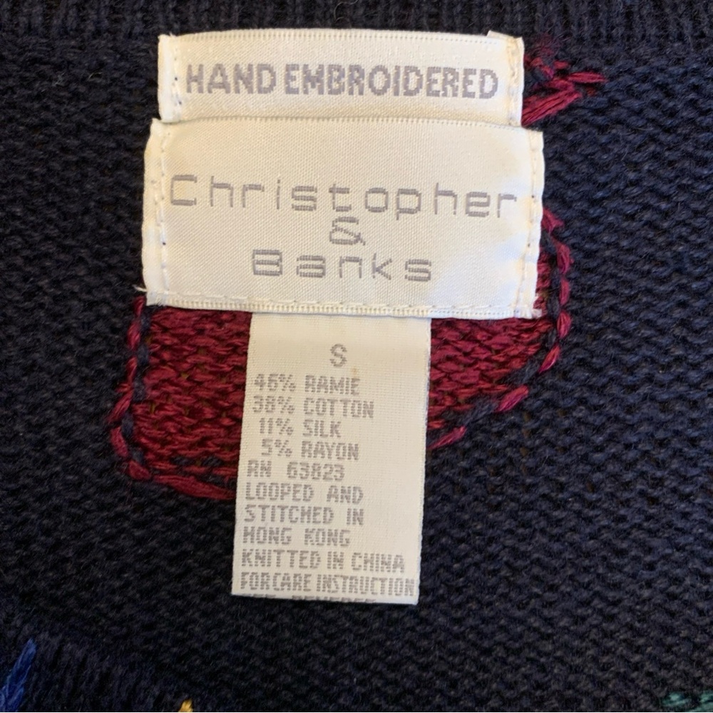 Vtg Christopher & Banks Fall Leaf Sweater Blue Hand Embroidered Knit Leaf Button - Picture 6 of 7